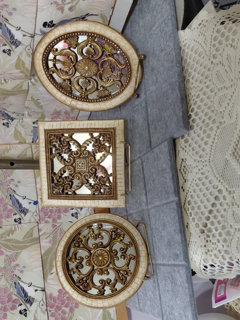 Home Interiors Gold and Cream Ornamental Wall Mirrors Set of Three